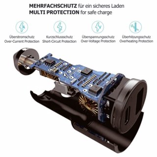 KFZ-Schnell-Ladeadapter 12V mit 1 USB + 1 USB-C Port (PREMIUM LINE) - 3.0A